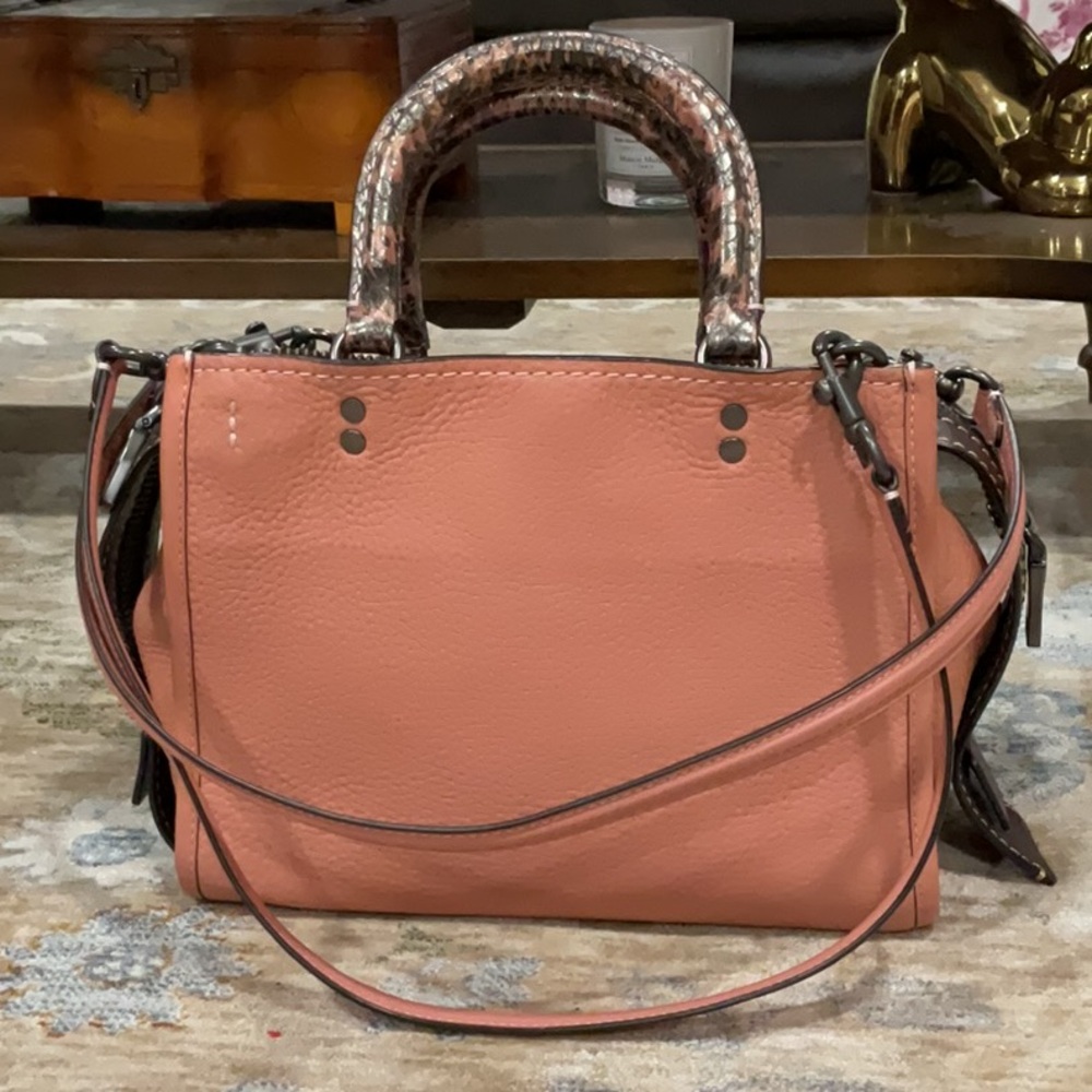Small coach rogue 25 satchel in melon with snakeskin handles